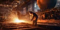 Rear view of a welder, sparks flying from their torch as they work on the skeleton of a massive ship , concept of