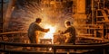 Rear view of a welder, sparks flying from their torch as they work on the skeleton of a massive ship , concept of