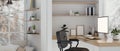 Rear view of a white beautiful minimalist Scandinavian home office with computer mockup