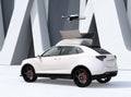 Rear view of white electric SUV released drone for leisure entertainment