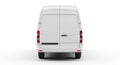 Rear view of a white panel van with red taillights on a bright white surface Royalty Free Stock Photo