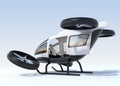 Rear view of white self-driving passenger drone landing on the ground, left cabin door opened