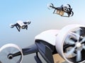 Rear view of white VTOL drones carrying delivery packages flying in the sky