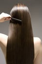 Rear View Of Woman Combing Brown Hair