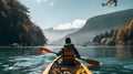 Rear view of woman riding canoe in stream with background of beautiful landscape