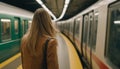 Rear view of a woman standing on a subway and watching train moving fast in motion blur, hair flowing in wind of train speed Royalty Free Stock Photo