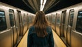 Rear view of a woman standing on a subway and watching train moving fast in motion blur, hair flowing in wind of train speed Royalty Free Stock Photo