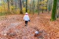 Rear view of woman walking with her dog on trail with leaves, autumn trees in misty background Royalty Free Stock Photo