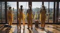 Rear View women, a women cleaners from cleaning service, washing windows in apartment together. Generative AI Royalty Free Stock Photo