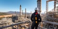 Rear view of a worker at the top of an oil refinery, looking out over the complex network of pipes and tanks , concept Royalty Free Stock Photo