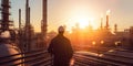 Rear view of a worker at the top of an oil refinery, looking out over the complex network of pipes and tanks , concept