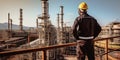 Rear view of a worker at the top of an oil refinery, looking out over the complex network of pipes and tanks , concept Royalty Free Stock Photo