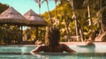 Rear view of young african american woman relaxing in swimming pool at tropical resort. Generative AI Royalty Free Stock Photo