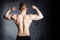 Rear view of young attractive caucasian muscular bodybuilder man with perfect body working out in sports center Royalty Free Stock Photo