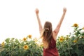 Rear view of young blond woman with arms raised enjoying her freedom in sunflower field against sky Royalty Free Stock Photo