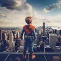 Rear view of young boy on top of skycraper dreaming of becoming a superhero.