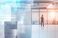 Businessman looks in office window, interface Royalty Free Stock Photo