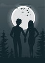 Rear view of young couple holding hands together looking at full moon and flock of swans outdoor