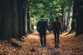 Rear view of young couple in love walking in the autumn park holding hands. Royalty Free Stock Photo