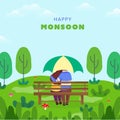 Rear View of Young Couple Sitting at Bench Under Umbrella on Nature Background for Happy Monsoon Royalty Free Stock Photo
