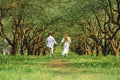 Rear view of young couple walking along park alley holding hands of each other Royalty Free Stock Photo