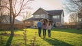 Rear View, Young family looking at their new home standing, real estate purchase, Generative AI Royalty Free Stock Photo