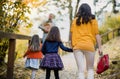 A rear view of young family with children walking in park in autumn. Royalty Free Stock Photo