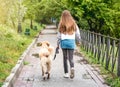 Girl walking dog along wet alley Royalty Free Stock Photo