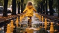 Rear view, Young girl wearing rain yellow boots are jumping and splashing in puddles as rain falls around them