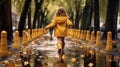 Rear view, Young girl wearing rain yellow boots are jumping and splashing in puddles as rain falls around them