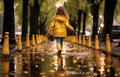 Rear view, Young girl wearing rain yellow boots are jumping and splashing in puddles as rain falls around them