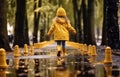 Rear view, Young girl wearing rain yellow boots are jumping and splashing in puddles as rain falls around them