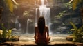 Rear view, Young girl yoga practice in a garden with waterfall background
