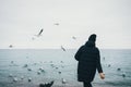 Rear view of young hipster woman feeding seagulls Royalty Free Stock Photo