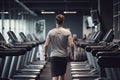 Rear view of young man in sportswear running on treadmill in gym, man walking on treadmill at fitness gym club, top section Royalty Free Stock Photo