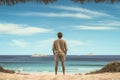 Rear view of young man standing on the beach looking at the sea, Male tourist standing in front of a sandy beach and watching the Royalty Free Stock Photo