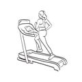 Rear view young sporty female athlete running on a treadmill illustration vector hand drawn isolated on white background line art Royalty Free Stock Photo