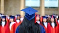 Rear view of a young university graduate standing and wearing graduation gown and cap