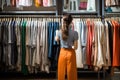 Rear view of young woman choosing clothes in the clothing store, rear view of a personal shopper selecting clothing for a client,