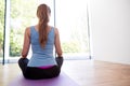 Rear View Of Young Woman Doing Yoga On Wooden Floored Studio At Home