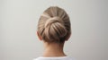 Rear view of young woman elegant bun hairstyle, grey background, copy space