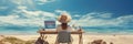 Rear view of young woman, female freelancer in straw hat working on laptop, while sitting on the tropical sandy beach Royalty Free Stock Photo