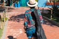 Rear view of young woman with guitar case walking on park Royalty Free Stock Photo