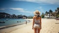 Rear view of a young woman in a hat and shorts standing on the beach on a sunny day