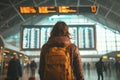 Rear view of a young woman in international airport checking flight at the flight information board