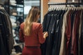 Rear view of young woman in red blazer choosing clothes in clothing store, rear view of a personal shopper selecting clothing for