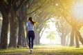 Rear view of young woman running in the forest on foggy at morning