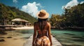 Rear view of young woman in straw hat standing on wooden jetty and looking at tropical beach. Generative AI Royalty Free Stock Photo