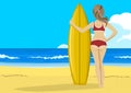 Rear view of young woman with surfboard looking into the distance