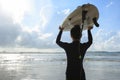 Woman surfer with white surfboard walking Royalty Free Stock Photo